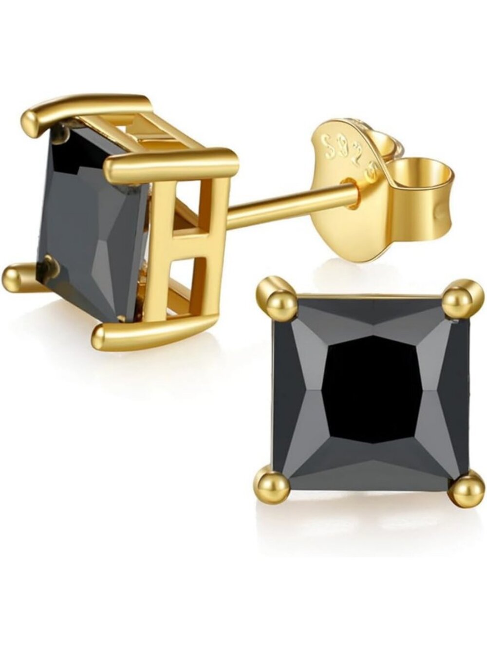 Elegant Princess Cut Black Onyx Stud Earrings | 925 Sterling Silver & Gold